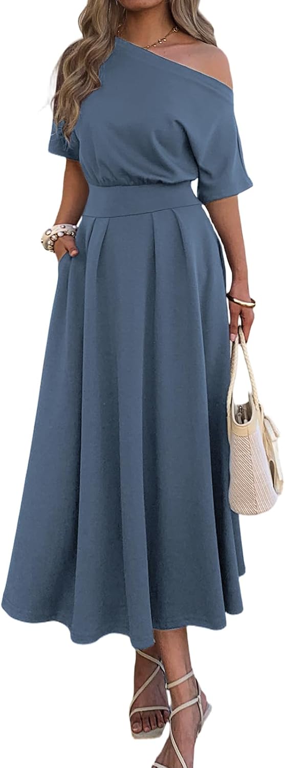Side view of pleated A-line maxi dress