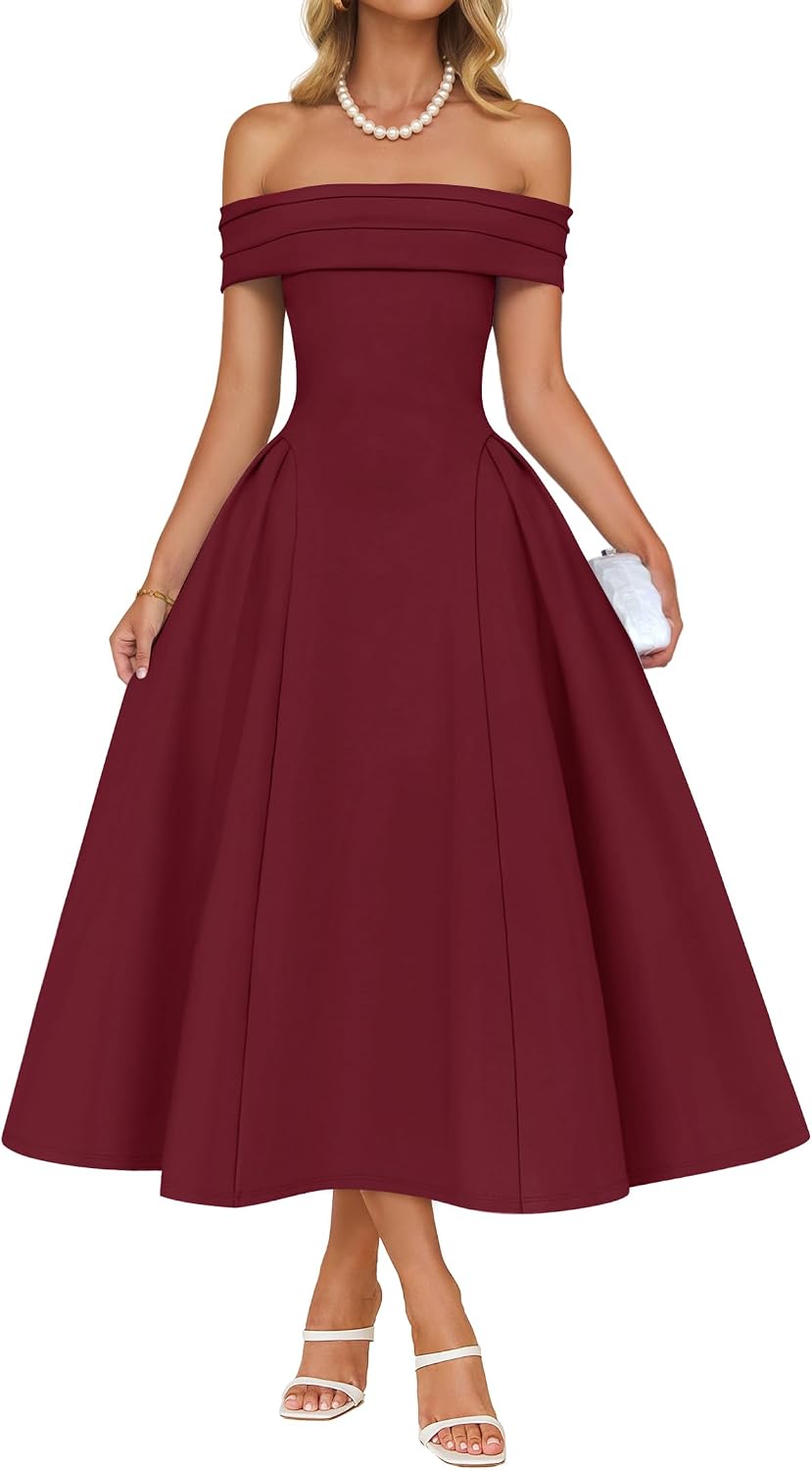 Off-shoulder cocktail dress with flowy A-line skirt and high waist