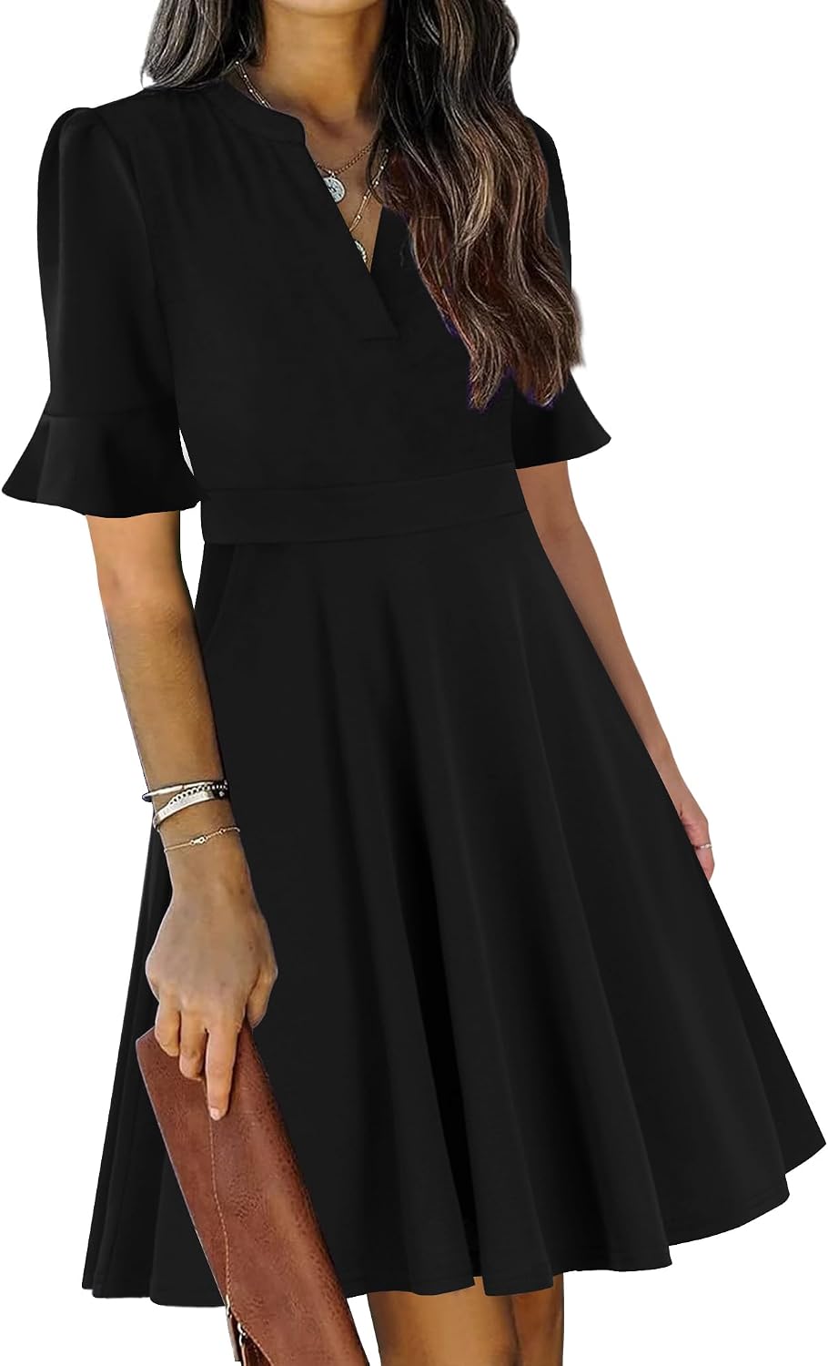 Ruffle sleeve fit-and-flare dress with V-neck and knee-length hem