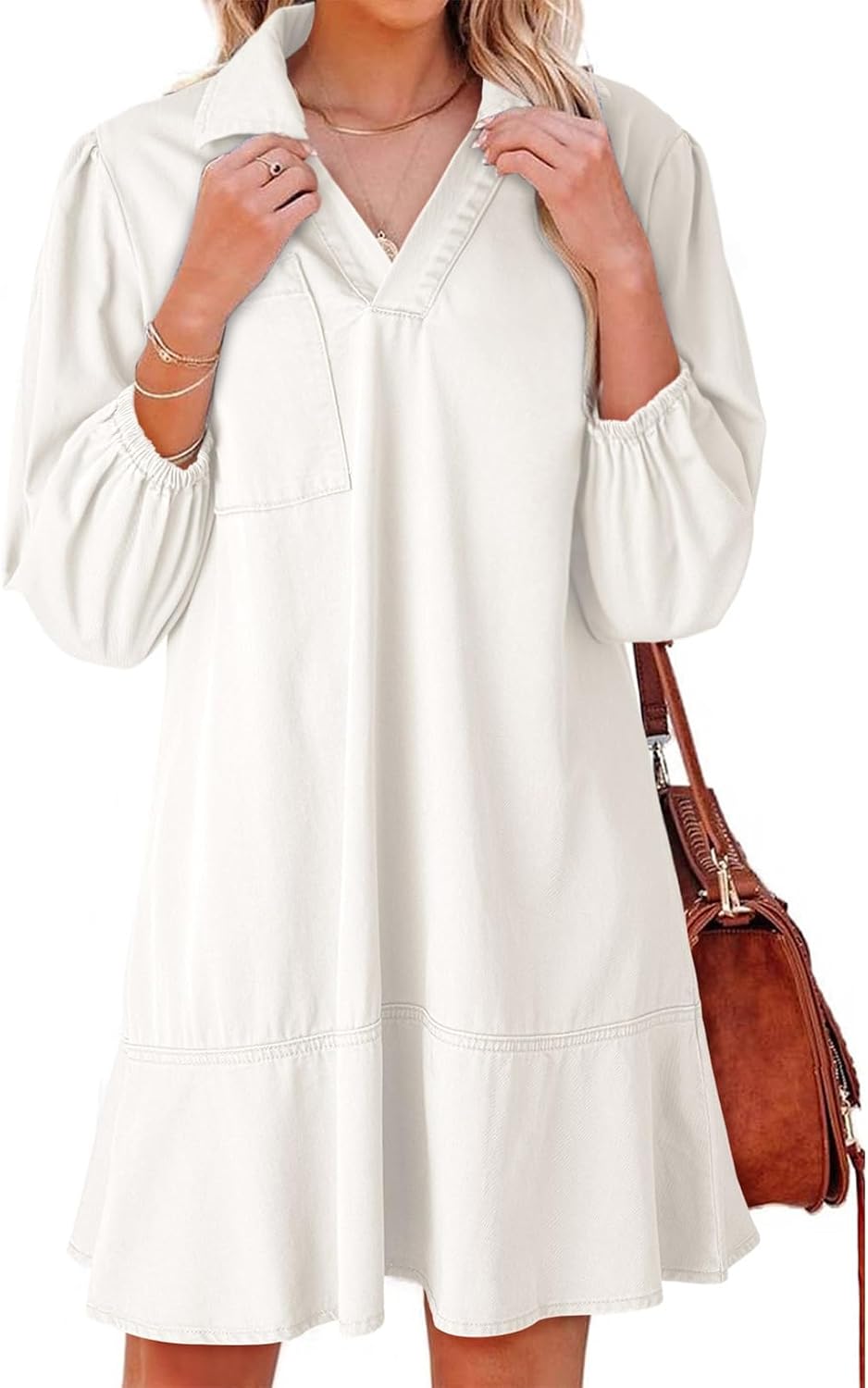 Denim babydoll dress with puff sleeves, V-neck, and mini length