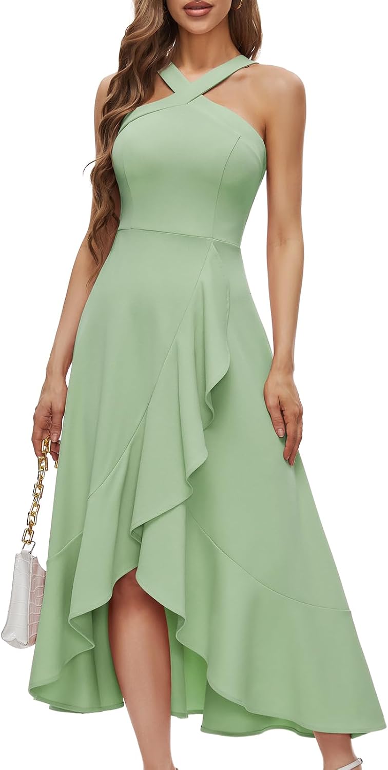 Bbonlinedress Halter Cocktail Women Formal Wedding Guest Hi-Lo Prom Dress | Maxi, Long, Ruffle, Homecoming, Evening Party Dress