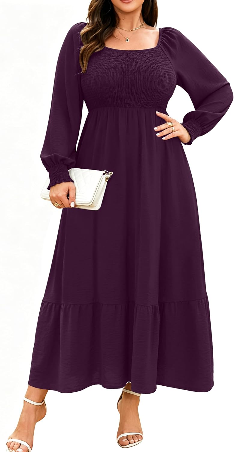 Plus size floral maxi dress with long sleeves and empire waist