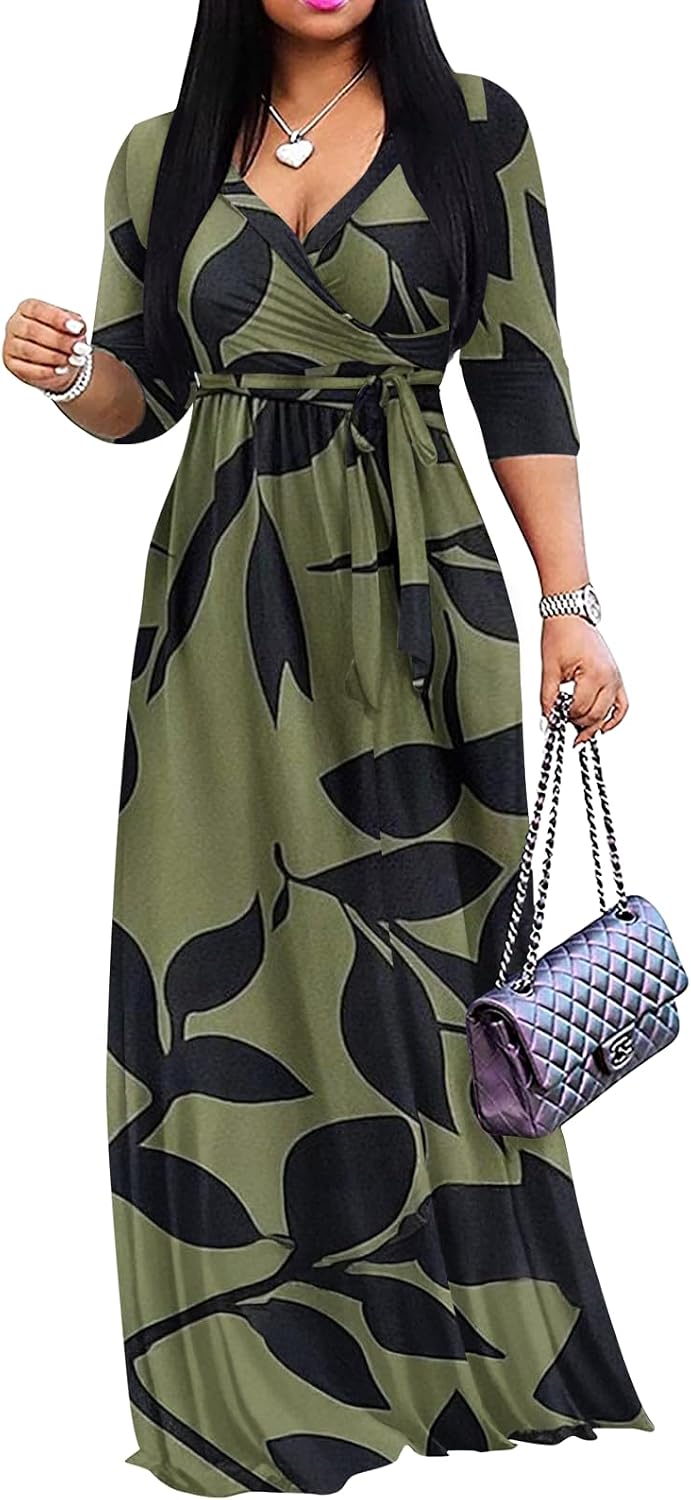 Wrap-style maxi dress with V-neck, 3/4 sleeves, and side pockets