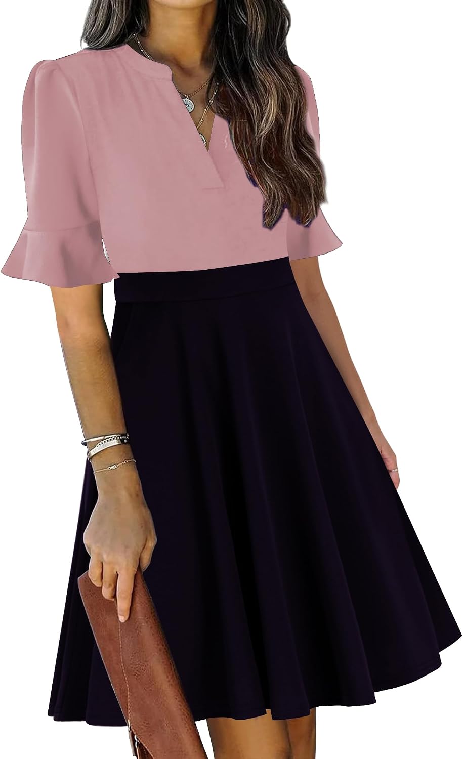 Ruffle sleeve fit-and-flare dress with V-neck and knee-length hem