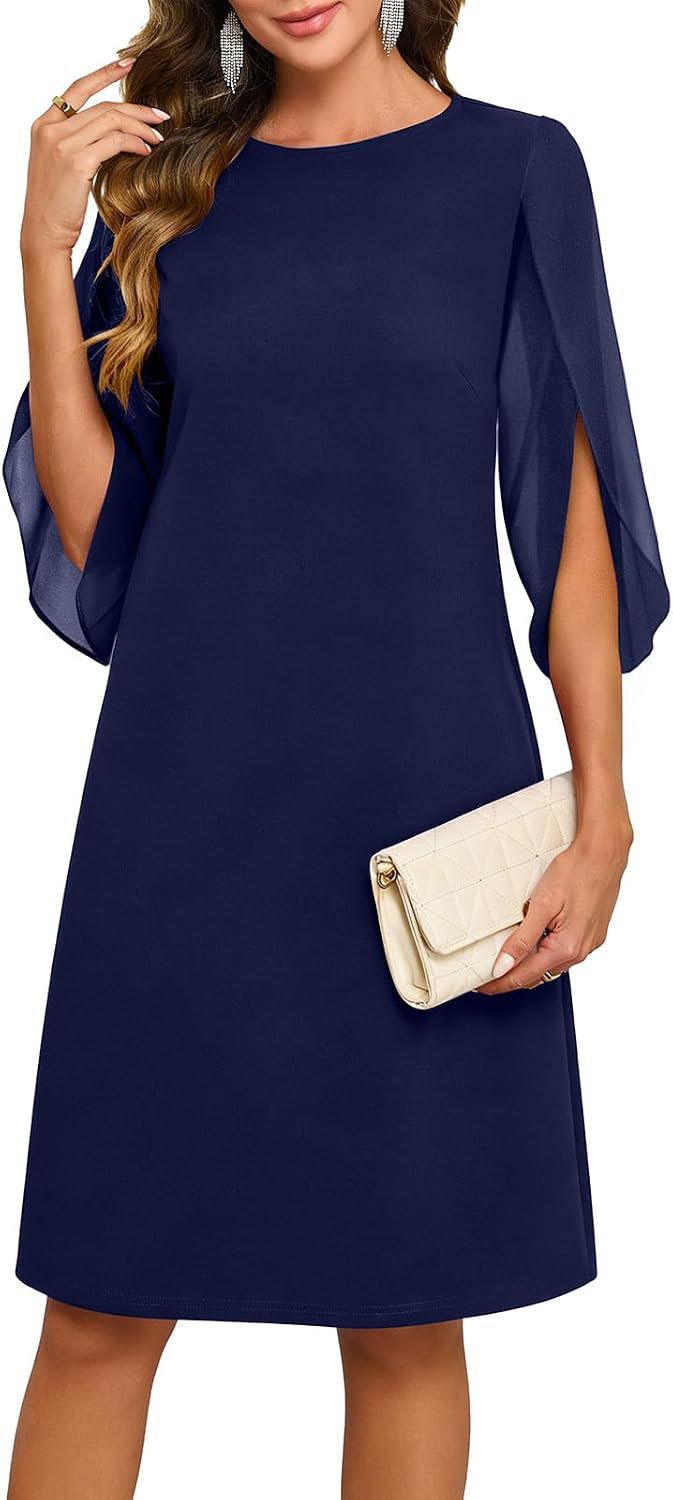 Chiffon midi dress with flutter sleeves and crew neckline