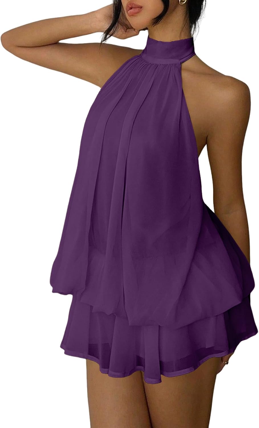 Chiffon halter mini dress with drop waist and ruffle detail