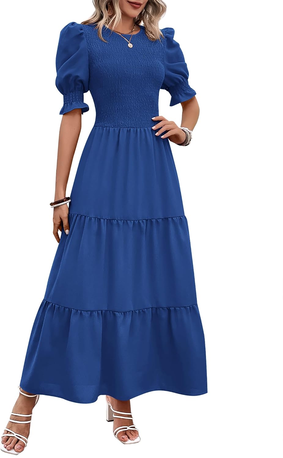 Smocked maxi dress with puff sleeves and tiered skirt