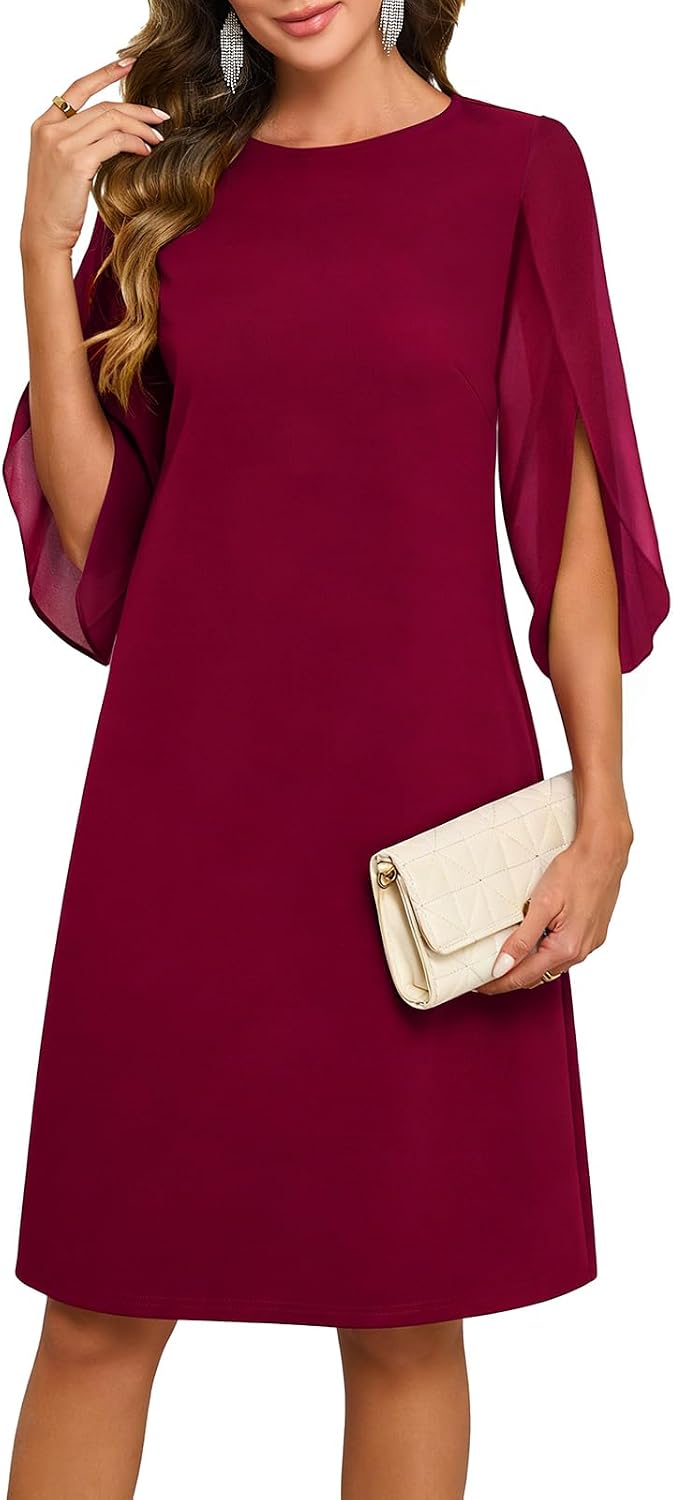 Chiffon midi dress with flutter sleeves and crew neckline