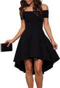 Off-the-shoulder skater dress with short sleeves and high-low hem