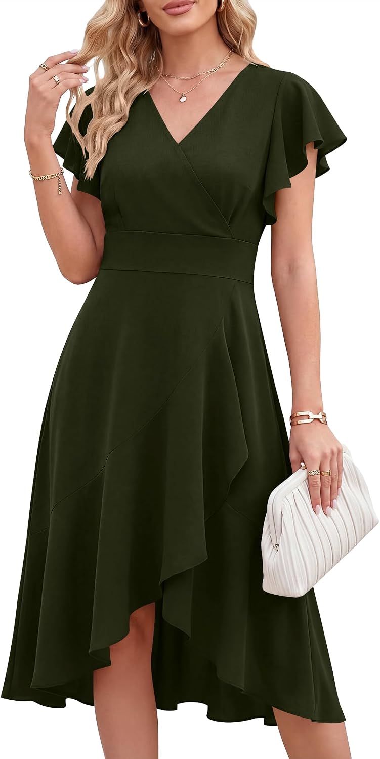 ANRABESS Womens Fall Wedding Guest Cocktail Semi Formal Wrap Midi Dresses | High-Low Ruffle Hem, V Neck A Line Flutter Sleeve, Elegant Classy, Ideal for Homecoming Prom, Evening Party