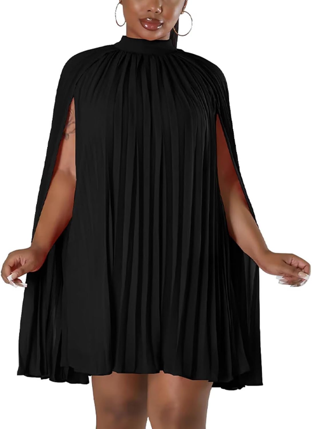 Front view of cape sleeve mock neck mini dress