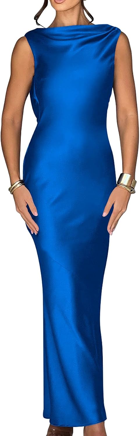 Elegant sleeveless maxi dress with tie high neckline
