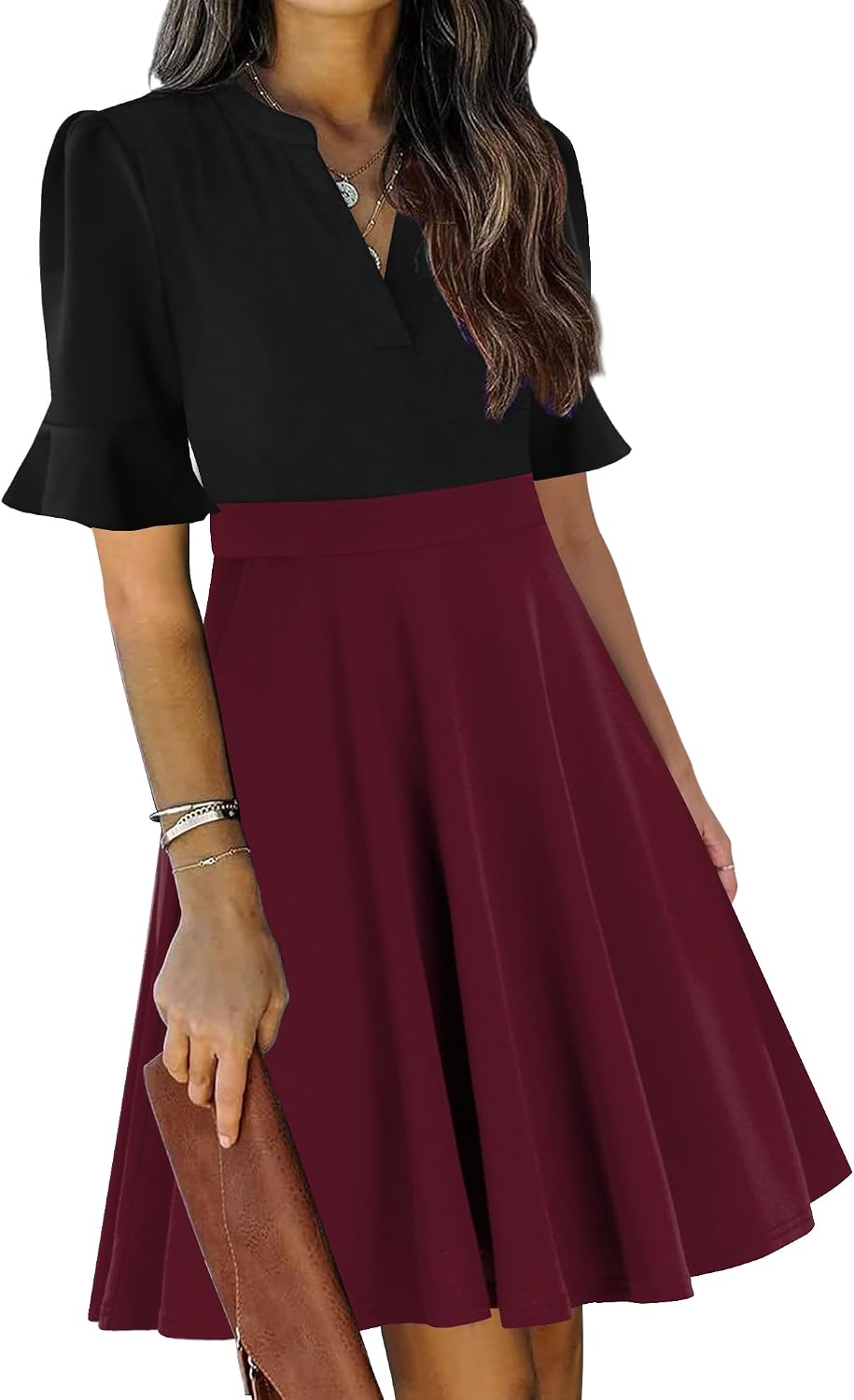 Ruffle sleeve fit-and-flare dress with V-neck and knee-length hem