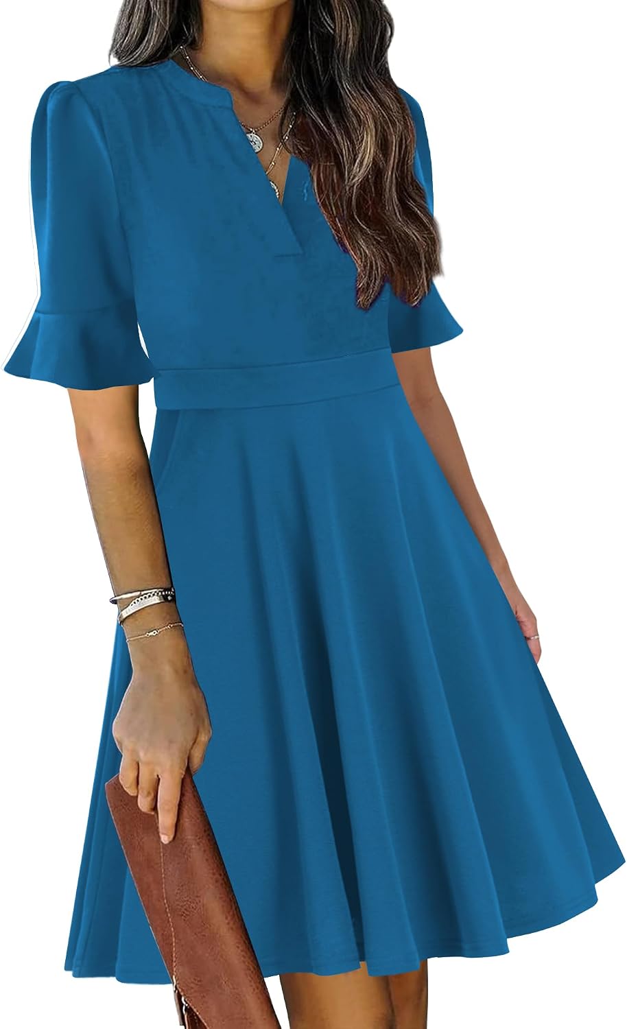 Ruffle sleeve fit-and-flare dress with V-neck and knee-length hem