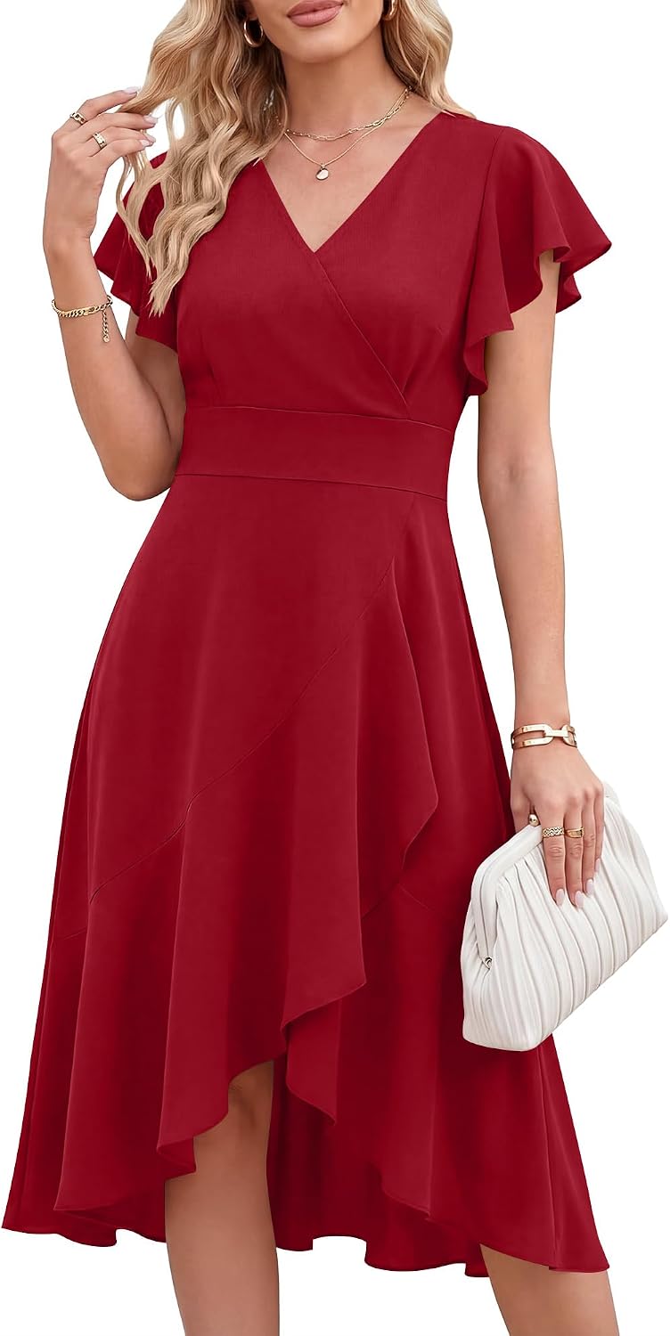 ANRABESS Womens Fall Wedding Guest Cocktail Semi Formal Wrap Midi Dresses | High-Low Ruffle Hem, V Neck A Line Flutter Sleeve, Elegant Classy, Ideal for Homecoming Prom, Evening Party