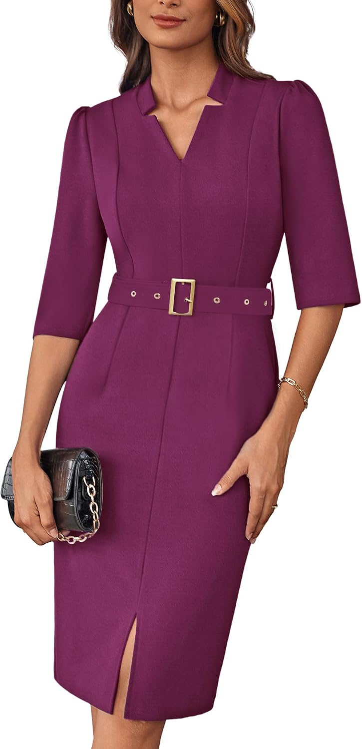 Model wearing belted work dress