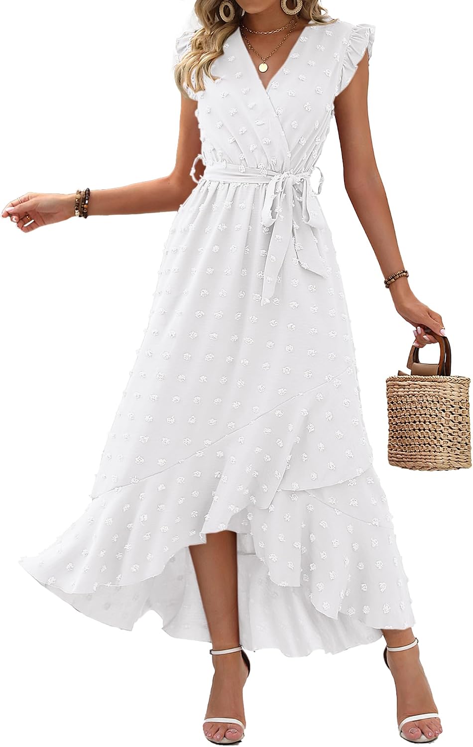 Swiss dot boho maxi dress with cap sleeves and tie waist