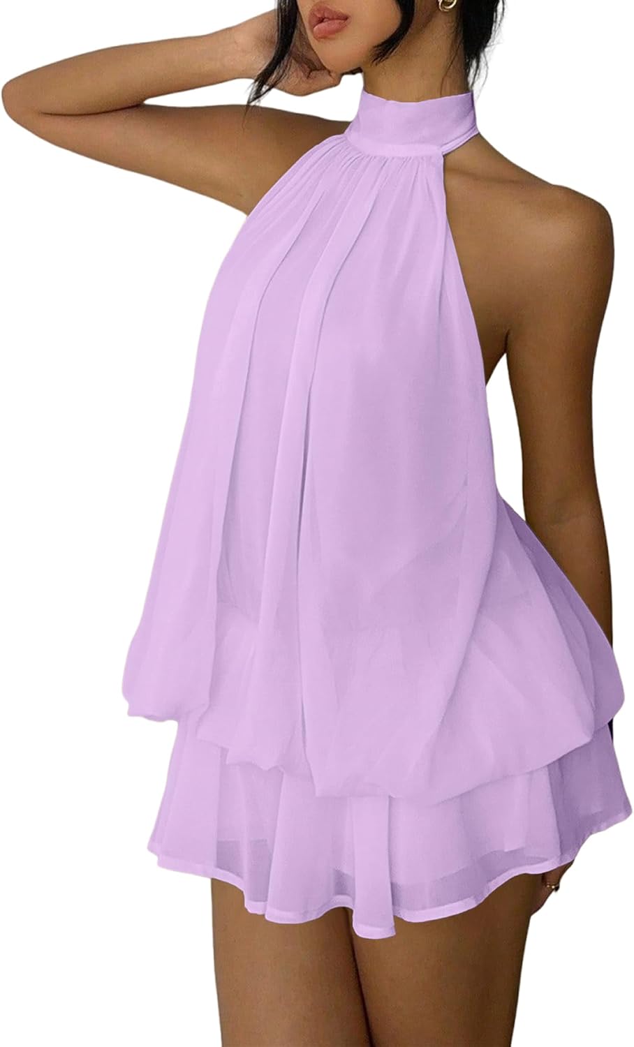 Chiffon halter mini dress with drop waist and ruffle detail