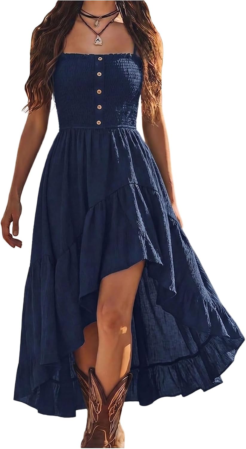BEAUDRM Women's Western Long Dress Flowy Ruffle Boho Cowgirl Cami Dresses | Country Concert Outfit, Vacation Cowgirl Dress, High Low Hem, Vintage, Flowy, Sleeveless