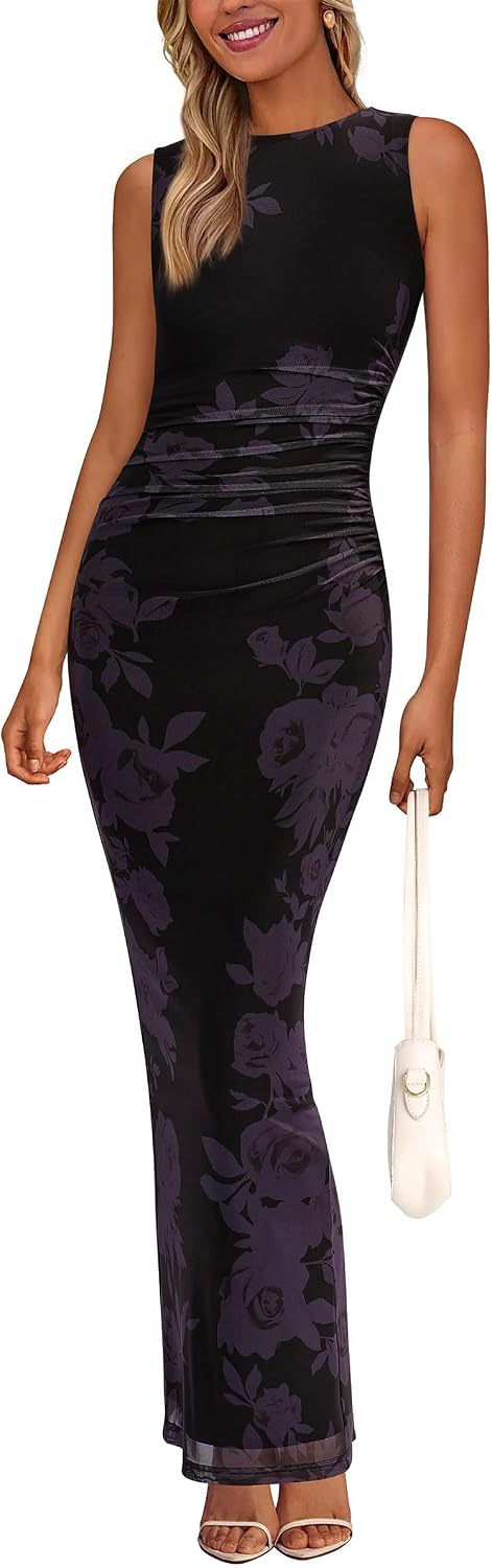 Floral mesh maxi dress with sleeveless design and ruched bodycon detailing