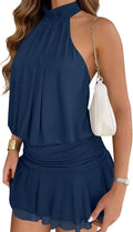 Mesh halter mini dress with open back and ruffle skirt