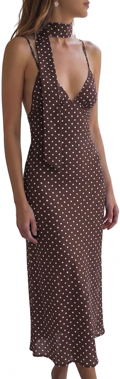 Polka dot backless maxi dress with v-neck and spaghetti straps