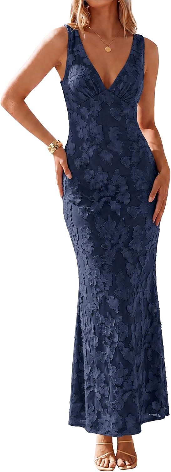 Floral v-neck bodycon maxi dress with mesh detail