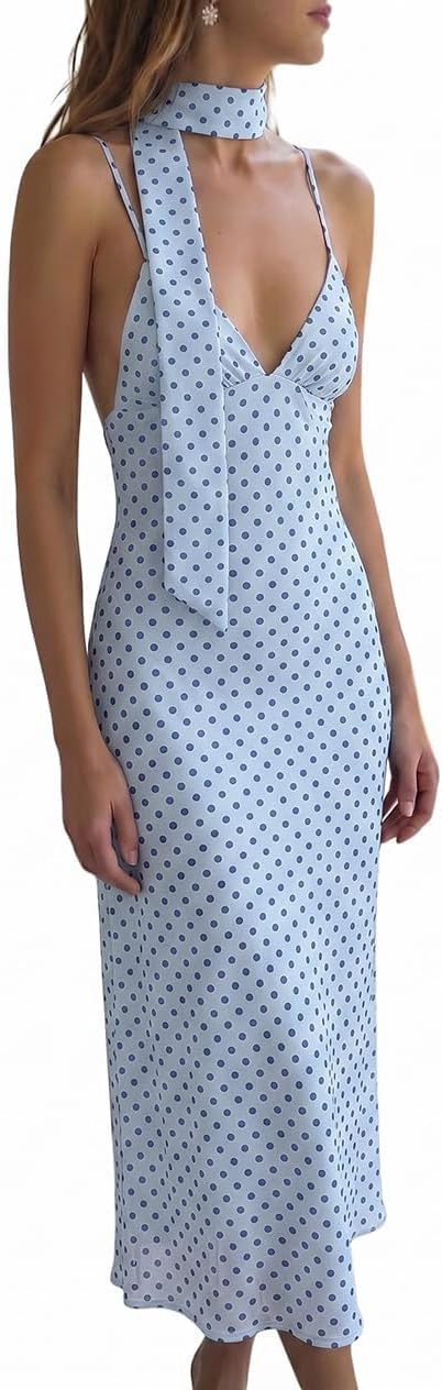 Polka dot backless maxi dress with v-neck and spaghetti straps
