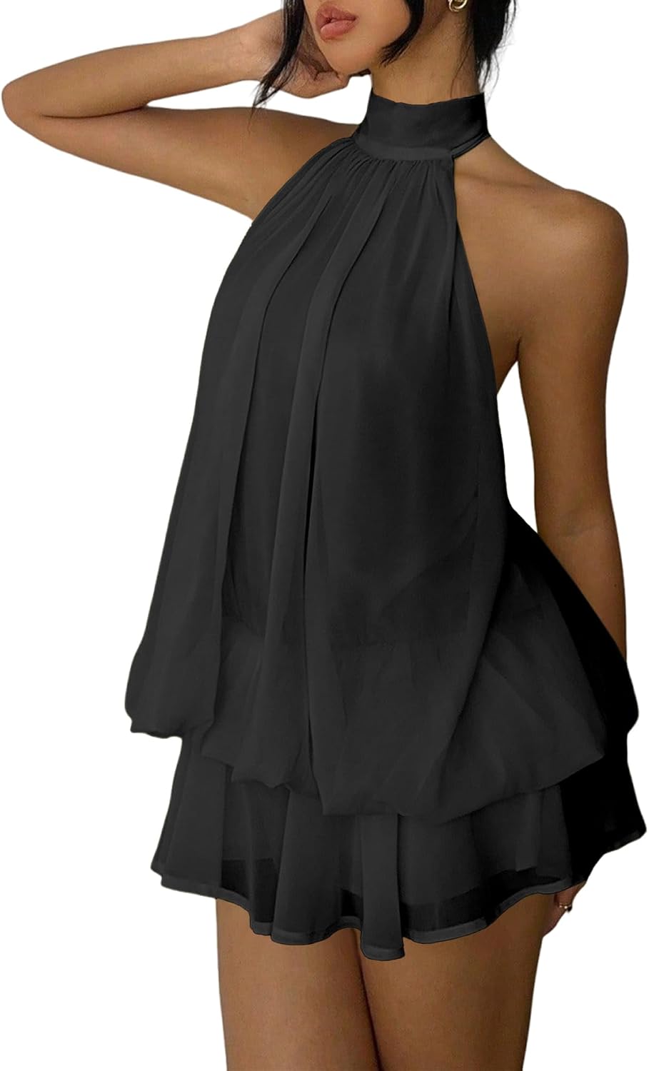 Chiffon halter mini dress with drop waist and ruffle detail