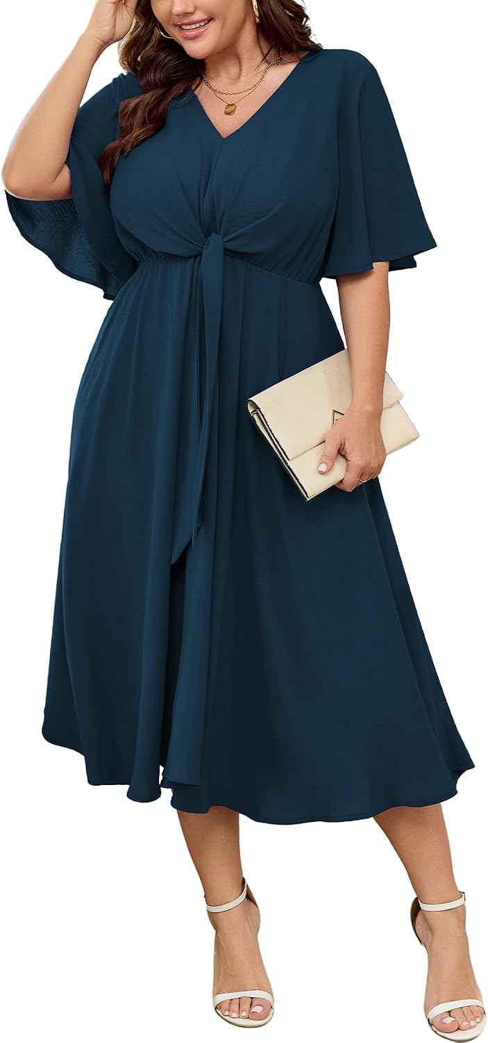 Close-up of V-neck and tie waist detail
