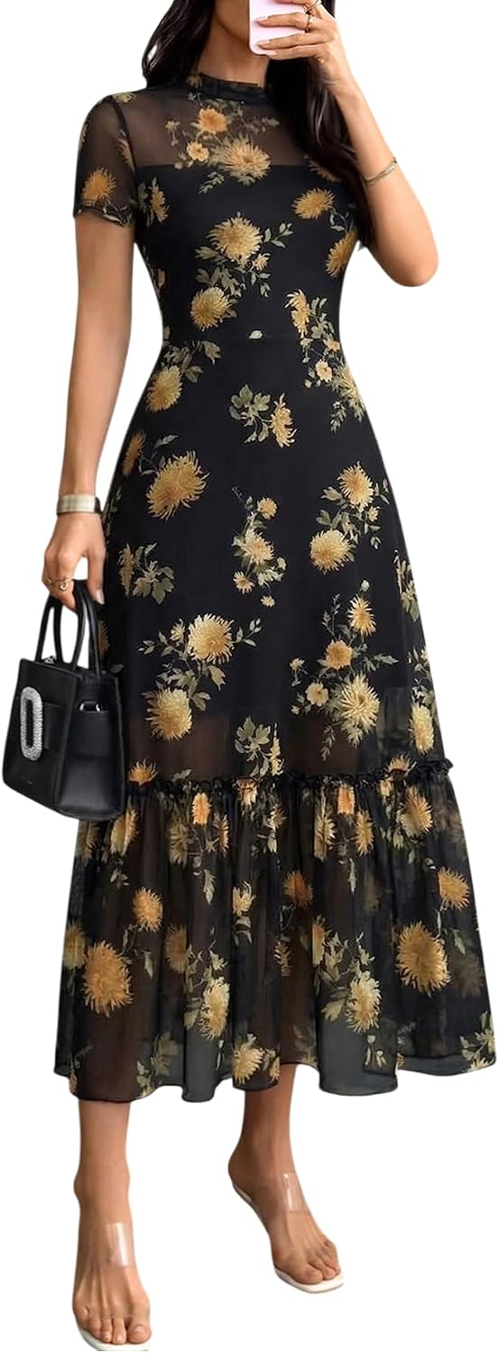 Floral mesh maxi dress with ruffle detail
