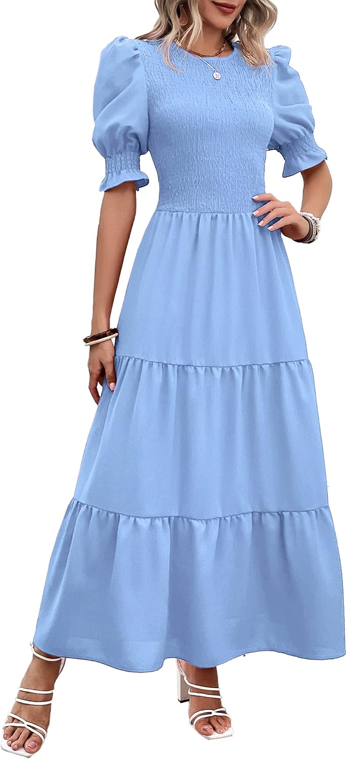 Smocked maxi dress with puff sleeves and tiered skirt