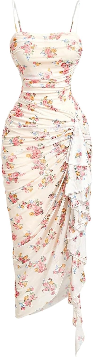 Floral mesh bodycon midi dress with high slit and ruched detailing