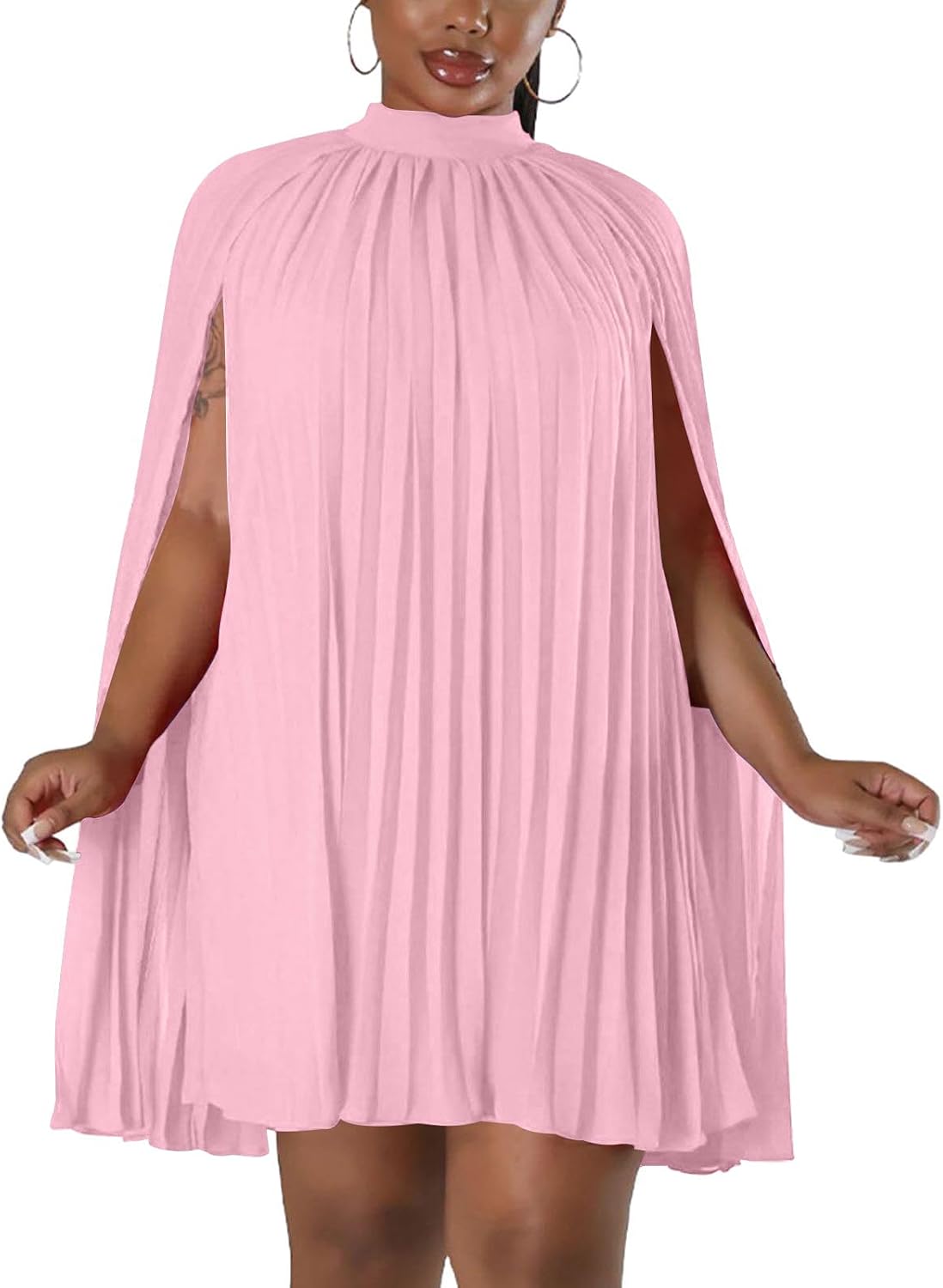 Model wearing mock neck mini dress