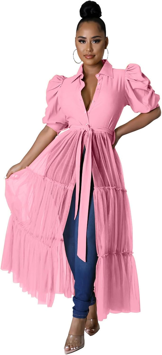 Ruffle tunic dress with belt and asymmetrical hem