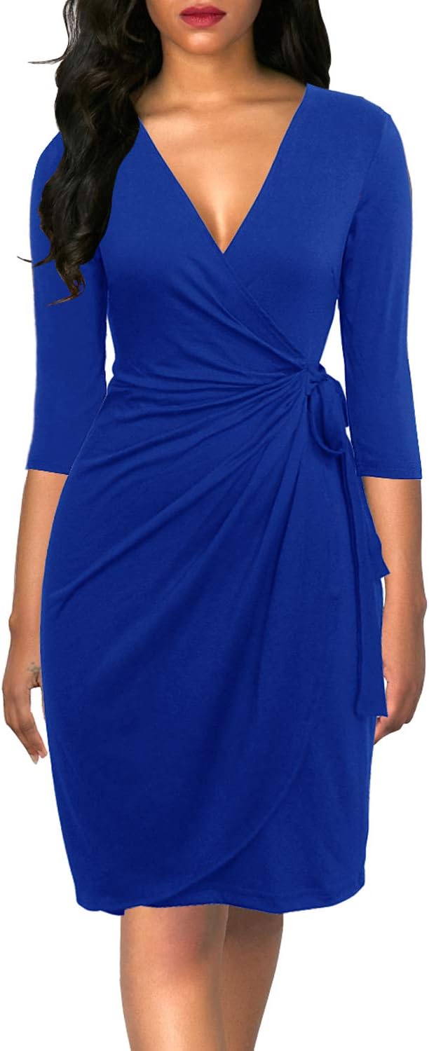 Faux wrap midi dress with V-neck, 3/4 sleeves, and ruched sheath silhouette