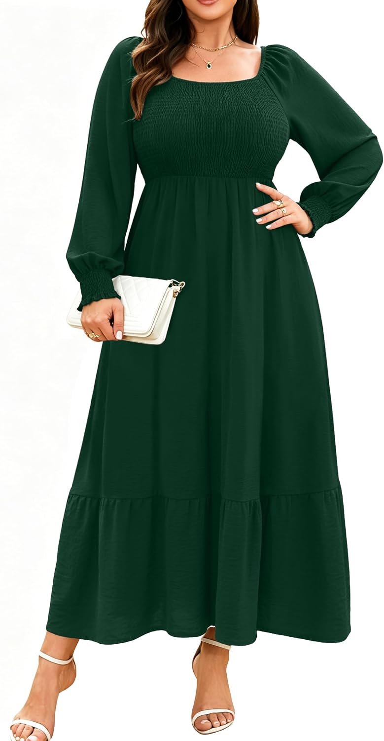 Plus size floral maxi dress with long sleeves and empire waist