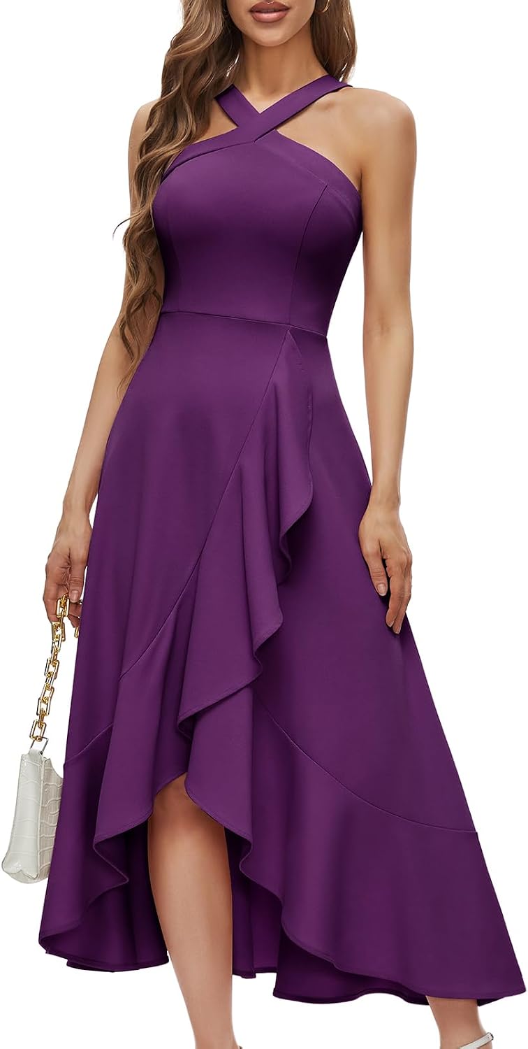 Bbonlinedress Halter Cocktail Women Formal Wedding Guest Hi-Lo Prom Dress | Maxi, Long, Ruffle, Homecoming, Evening Party Dress