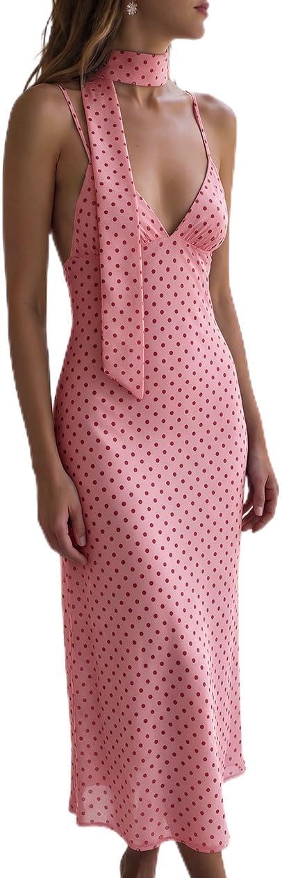 Polka dot backless maxi dress with v-neck and spaghetti straps