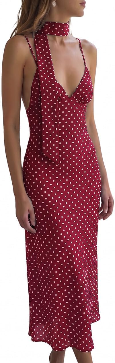 Polka dot backless maxi dress with v-neck and spaghetti straps