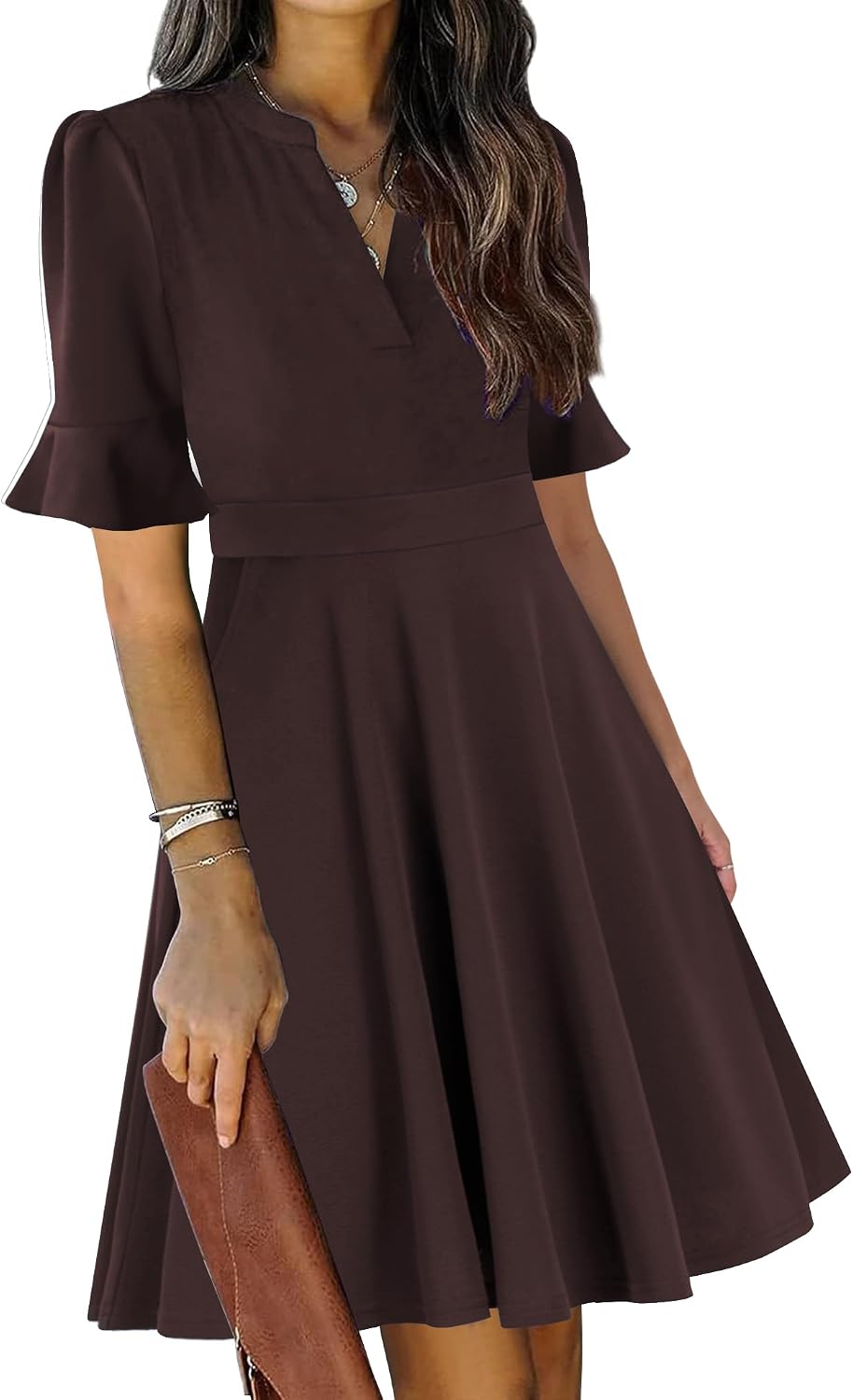 Ruffle sleeve fit-and-flare dress with V-neck and knee-length hem