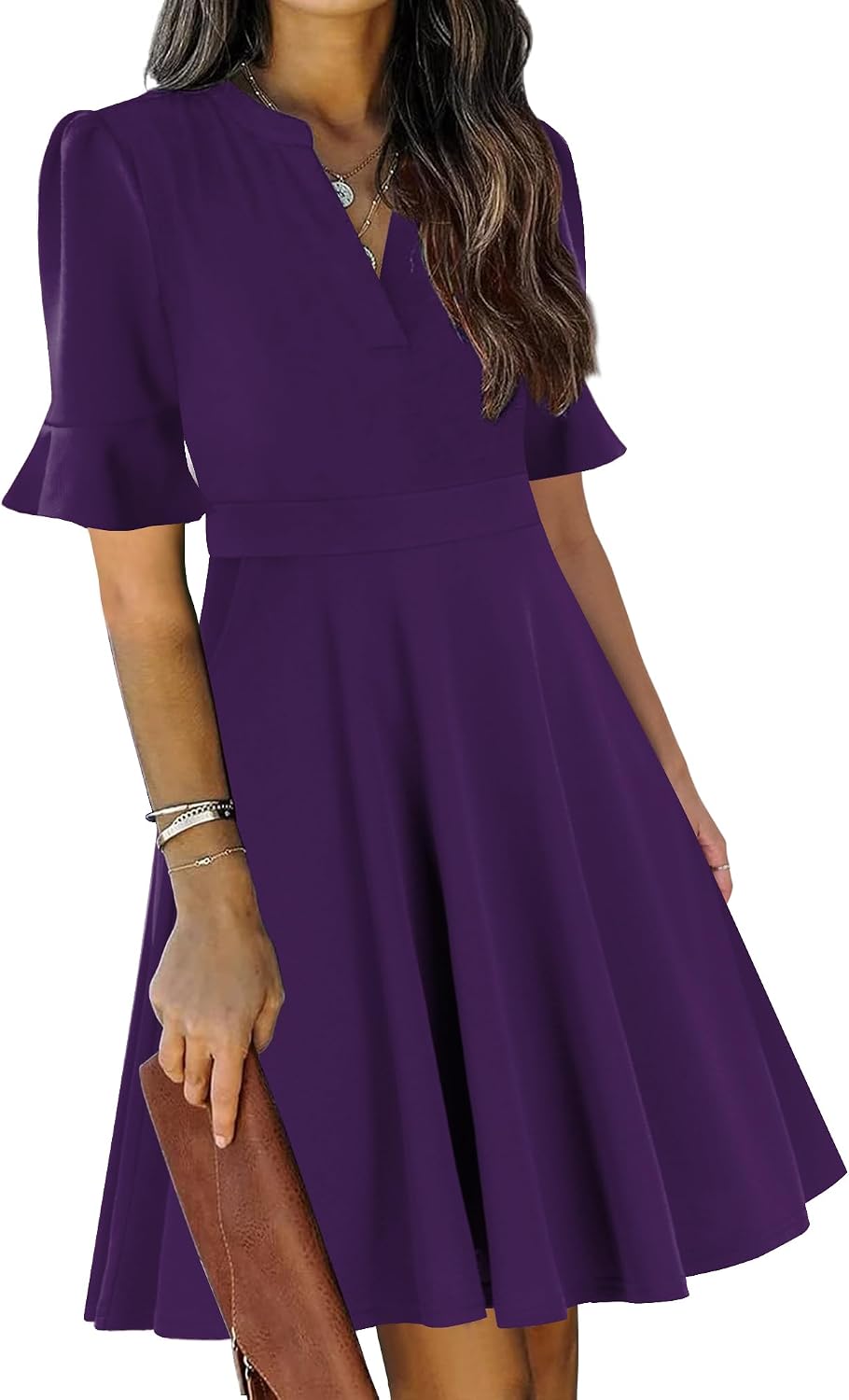 Ruffle sleeve fit-and-flare dress with V-neck and knee-length hem