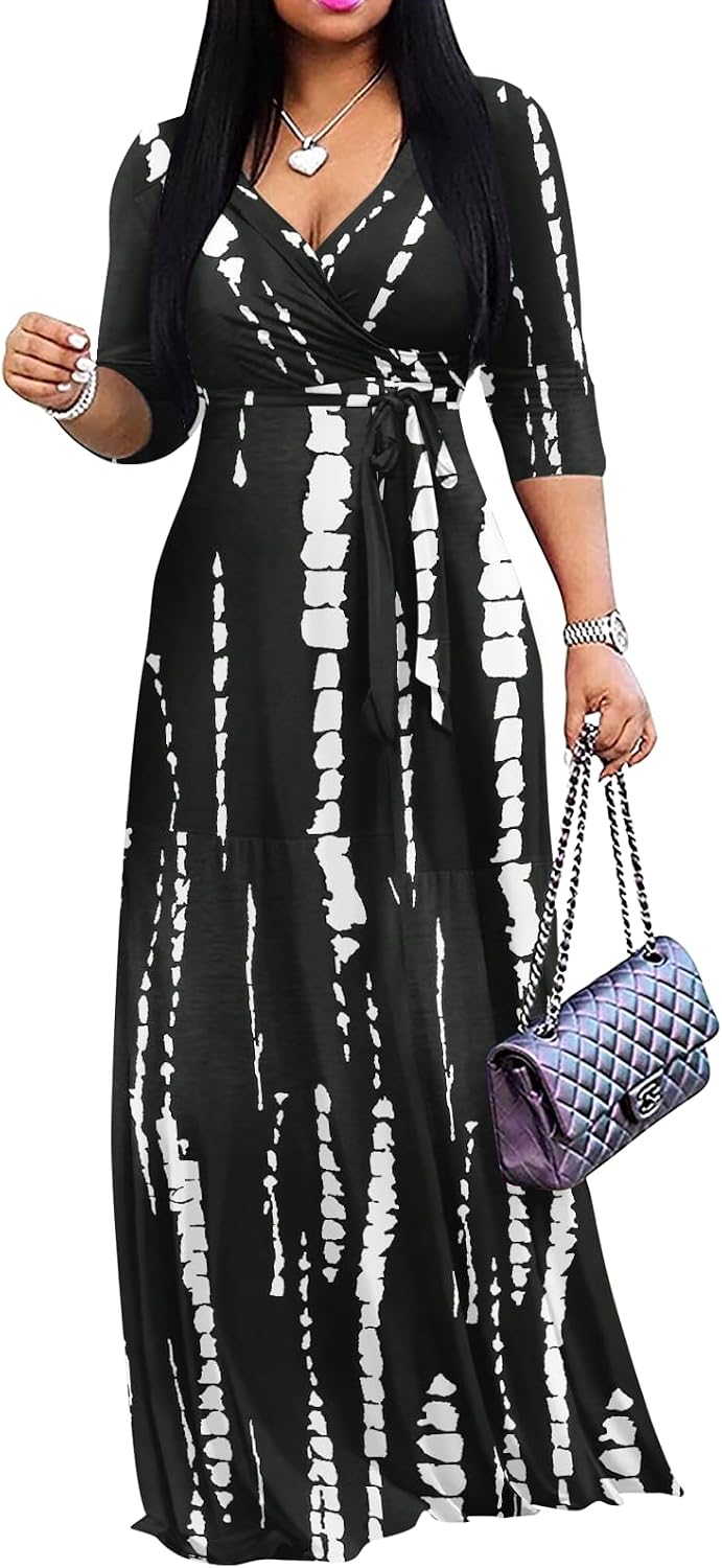 Wrap-style maxi dress with V-neck, 3/4 sleeves, and side pockets