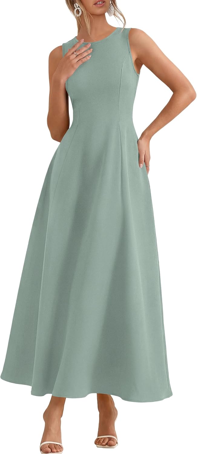 Sleeveless maxi tank dress with flared A-line skirt and pockets