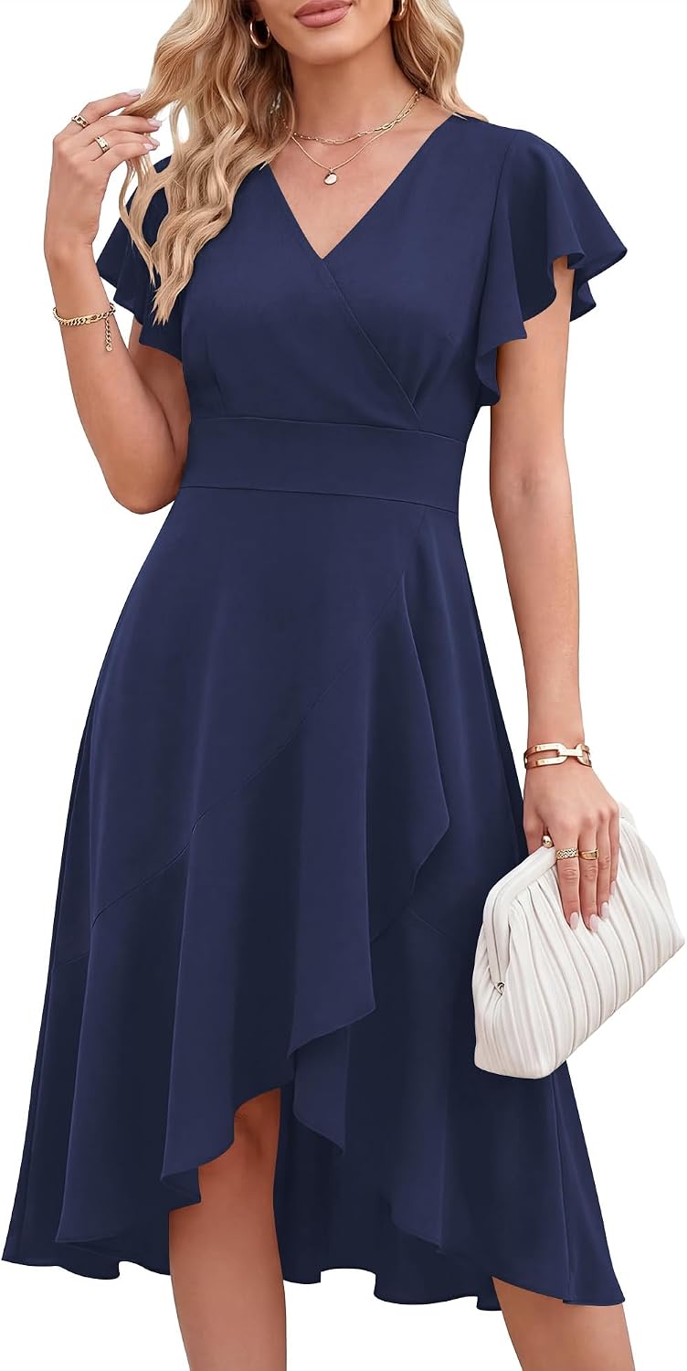 ANRABESS Womens Fall Wedding Guest Cocktail Semi Formal Wrap Midi Dresses | High-Low Ruffle Hem, V Neck A Line Flutter Sleeve, Elegant Classy, Ideal for Homecoming Prom, Evening Party