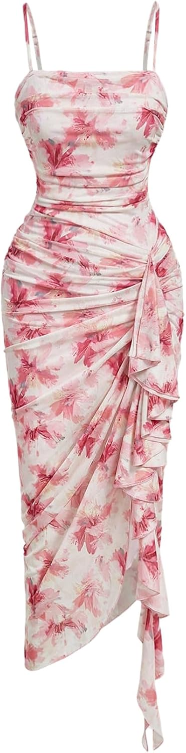 Floral mesh bodycon midi dress with high slit and ruched detailing