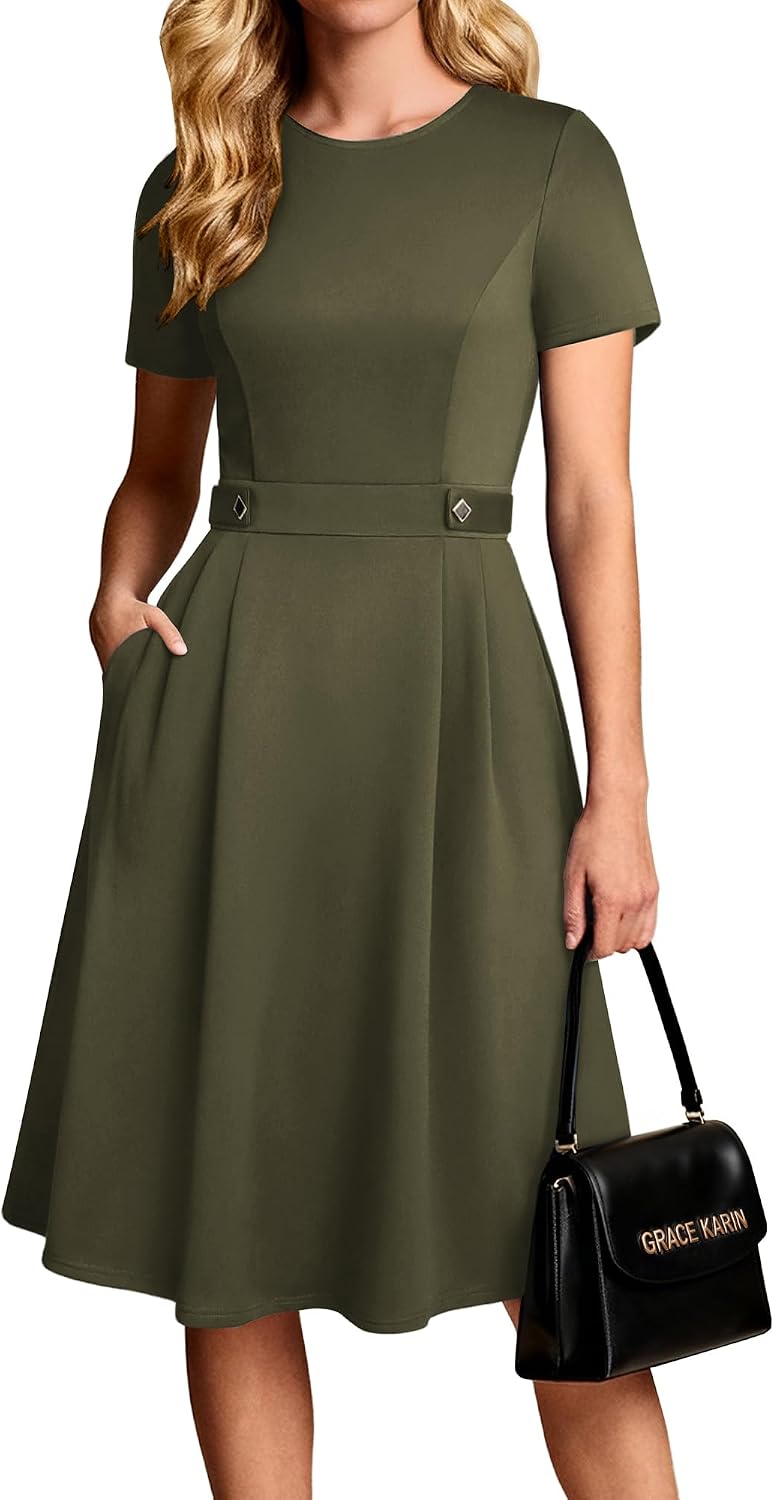 A-line midi dress with short sleeves and side pockets
