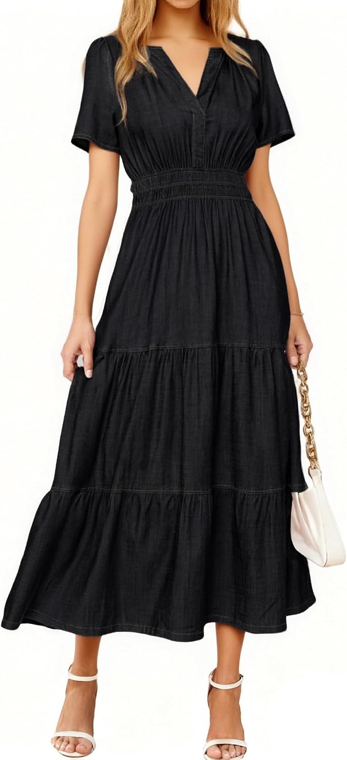 Casual denim maxi dress with V-neck, short sleeves, and side pockets