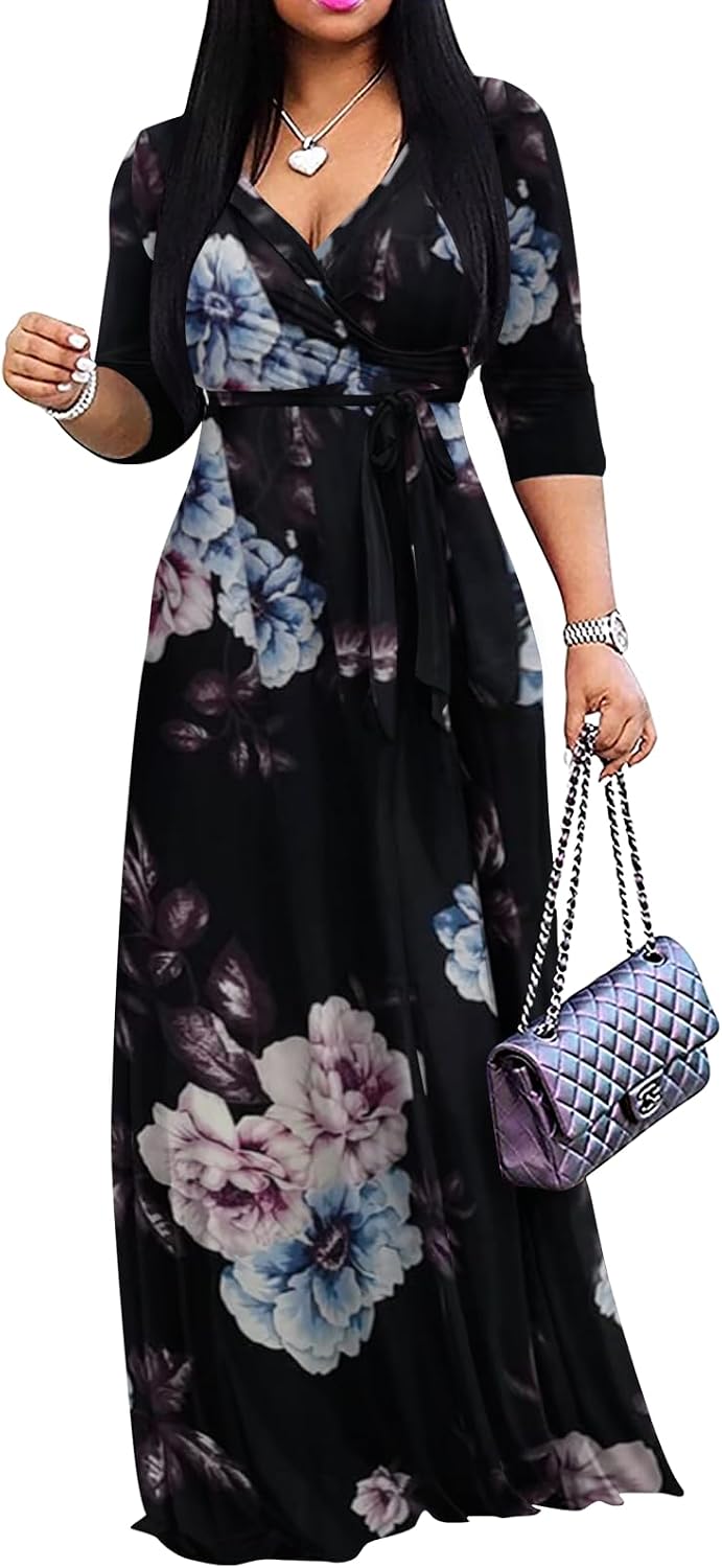 Wrap-style maxi dress with V-neck, 3/4 sleeves, and side pockets