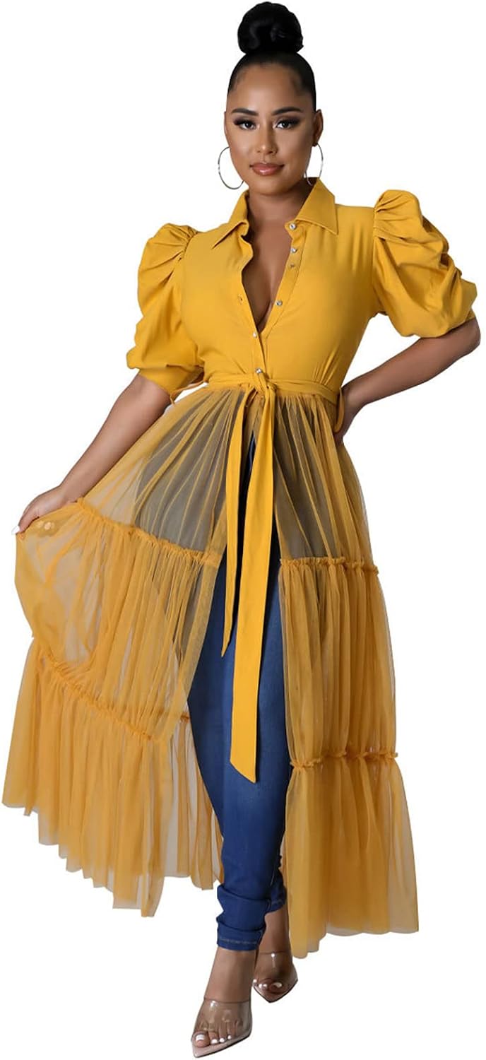 Ruffle tunic dress with belt and asymmetrical hem
